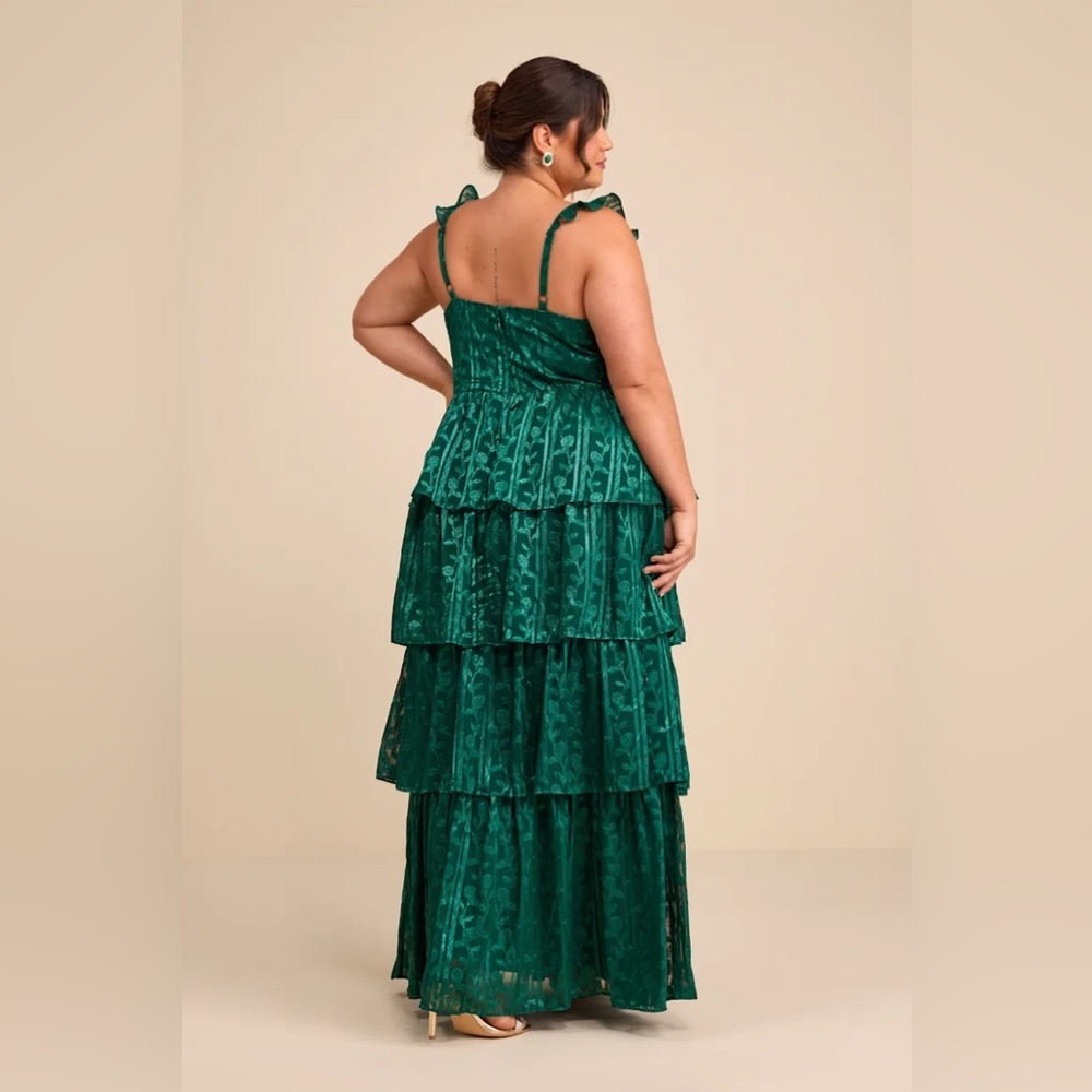 Lulus Stunning Glory Hunter Green Floral Jacquard Tiered Maxi Dress - Picture 7 of 11